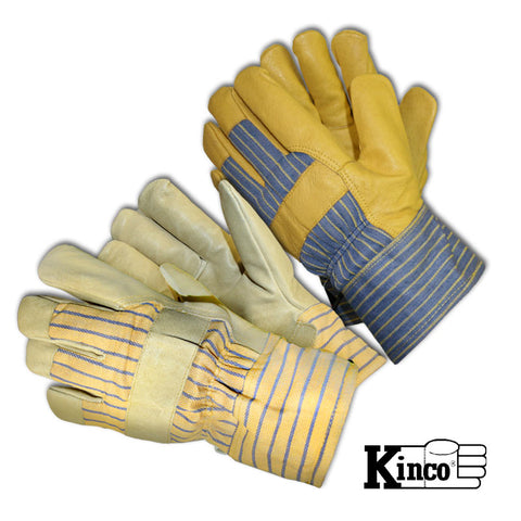 KINCO Cold Weather Lined Pigskin Glove. Grain pigskin palm. Dries soft & supple. Trademarked material back & cuff. Assorted colors. Sizes M, L, XL.