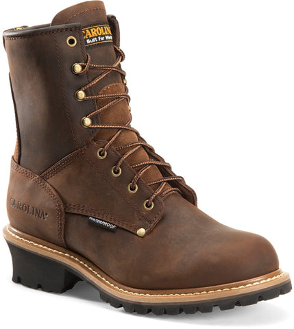Carolina 8" Waterproof Logger - Men's Sizing  Soft Toe Electrical Hazard (EH) Rated Non-Insulated Waterproof SCUBALINER™ 8" Copper Crazy Horse Leather Upper Welt Construction One Piece Rubber Lug Outsole Triple-Rib Steel Shank Taibrelle Lined Imported